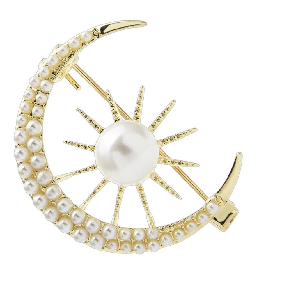 Moon & Star Brooch with Pearl